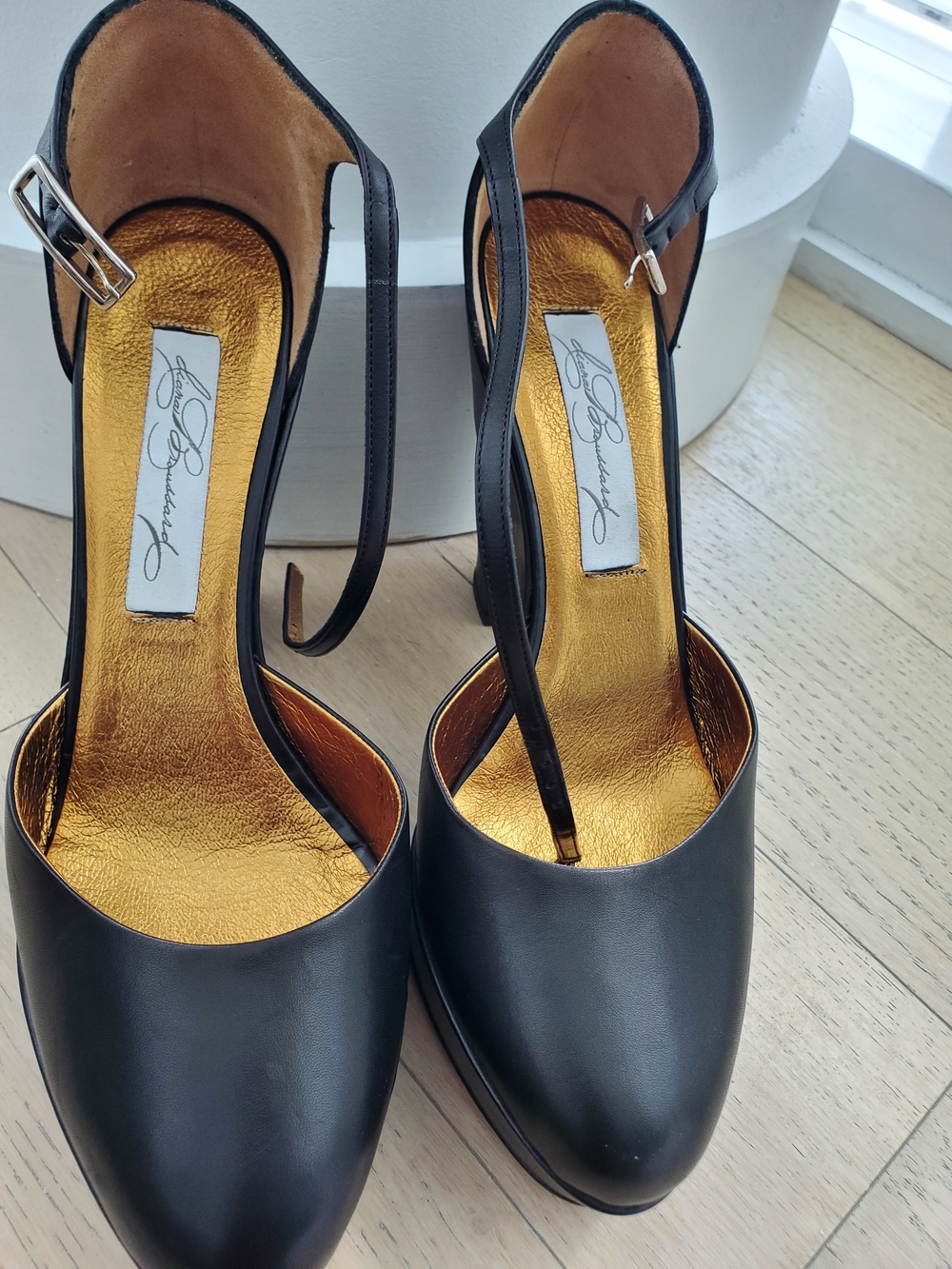 Black Ankle-Strap Leather Heels with Gold Insole